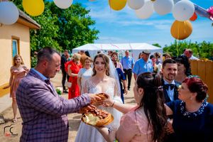 Sunny outdoor celebration with decorative balloons and guests enjoying the festivities.