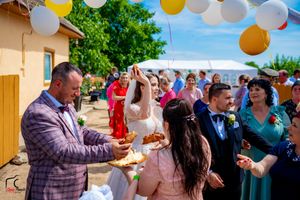 Backyard party scene with yellow and white balloons decorating the outdoor space.