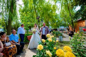 Garden wedding scene with yellow roses and weeping willow trees creating natural backdrop.