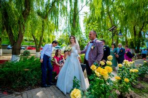 Wedding celebration in garden setting with blooming yellow roses and weeping willow trees.