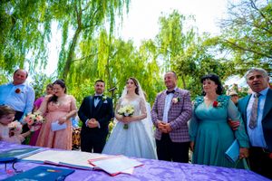 Outdoor wedding ceremony with guests gathered beneath drooping willow branches on a sunny day.