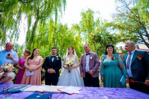 Wedding ceremony taking place outdoors under a weeping willow tree with guests gathered around a purple table.