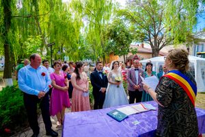 Wedding ceremony with purple-themed decorations taking place under the canopy of weeping willow trees.