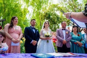Guests attend an outdoor wedding ceremony beneath cascading willow tree branches.