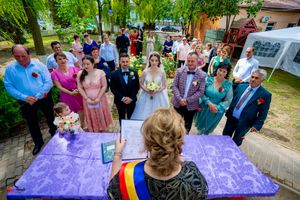 Garden wedding scene with purple-draped signing table and guests in attendance.
