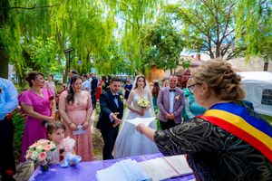 Wedding party members sign marriage documents at a purple-draped table beneath a weeping willow tree.