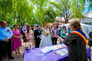 Outdoor wedding ceremony takes place beneath drooping willow branches on a sunny day.