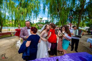 Wedding celebration with guests toasting under drooping willow branches.