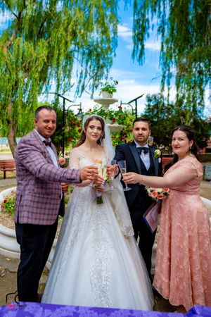 Celebratory toast with champagne glasses during outdoor wedding reception.