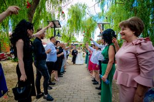 Wedding guests lined up along garden pathway under willow trees.