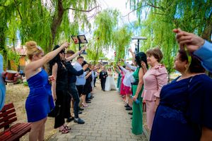 Wedding guests form a celebratory tunnel under weeping willow trees on a stone pathway.