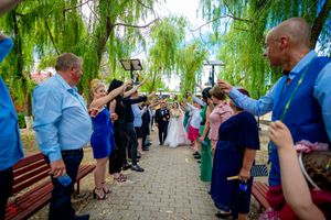 Guests line up along a stone path under drooping willow branches at an outdoor celebration.