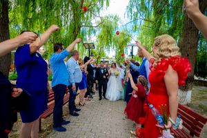 Festive gathering with guests in colorful attire creating a walkway under willow branches.