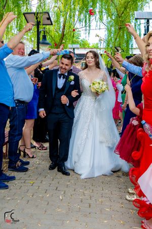 Wedding celebration with guests forming a pathway under scenic willow trees.