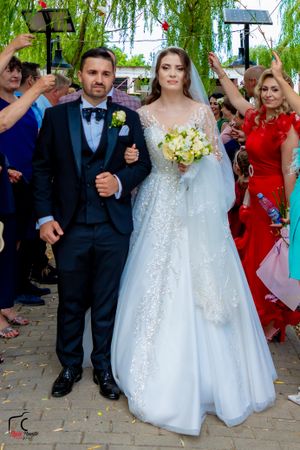 Wedding party poses on stone path beneath drooping willow branches.