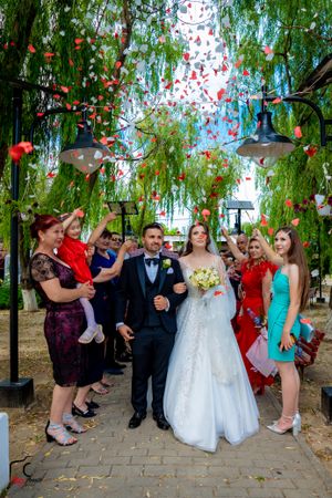 Wedding party celebrates with red rose petals being thrown under a willow tree on a brick pathway.