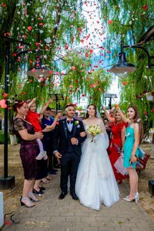 Wedding celebration with guests tossing rose petals at the newlyweds under drooping willow branches.
