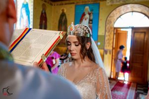 Artistic wedding photography capturing moments in a uniquely decorated church interior.