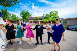 Wedding celebration with guests dancing in a conga line outside on a beautiful day.