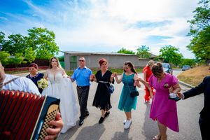 Wedding party dances in formation while an accordion player provides music outside.