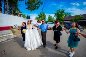 Wedding party members dance in formation during sunny outdoor celebration.