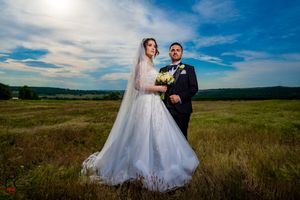 Panoramic wedding shot in a vast meadow with mountains and blue skies as backdrop.