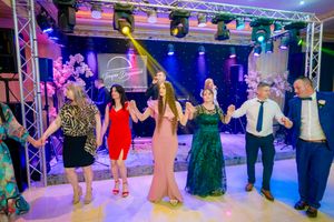 Large group of wedding guests dancing in formation during a choreographed reception dance.