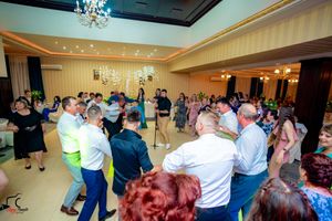 Wide-angle shot of an elegant ballroom filled with wedding guests enjoying the celebration.