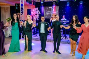 Wedding party members lined up holding hands during reception dance performance.