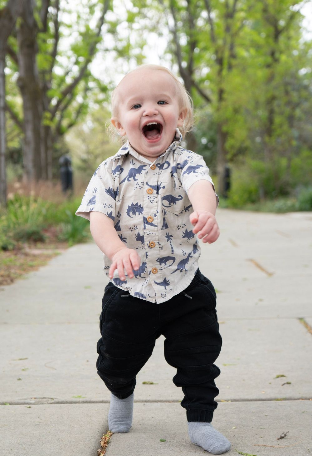 Happy toddler boy in dinosaur shirt and black pants laughing while standing on a garden path surrounded by trees.