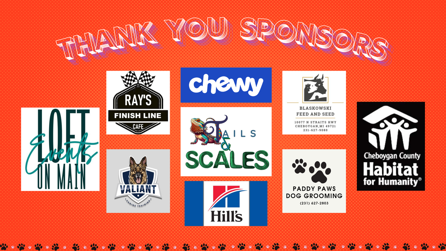 A red banner displays sponsor logos including Chewy, Hills, Habitat and others arranged in a grid layout against a bright background.