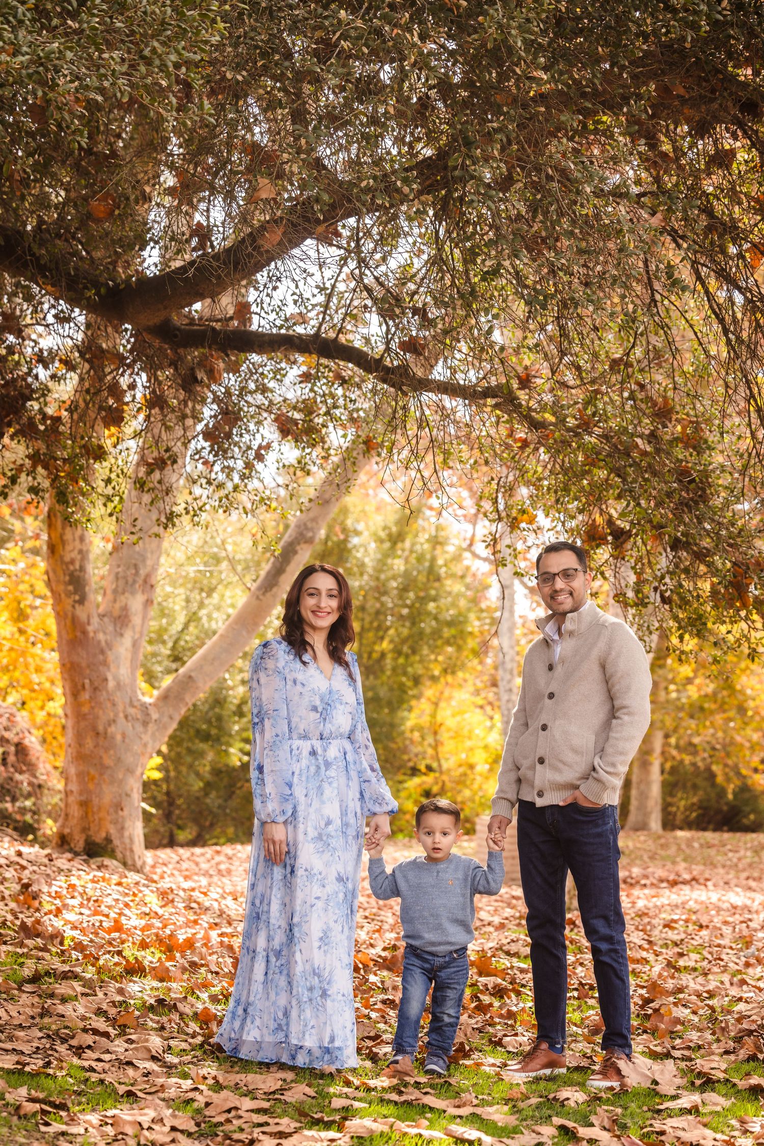 A family poses for an autumn portrait under golden trees with fallen leaves.