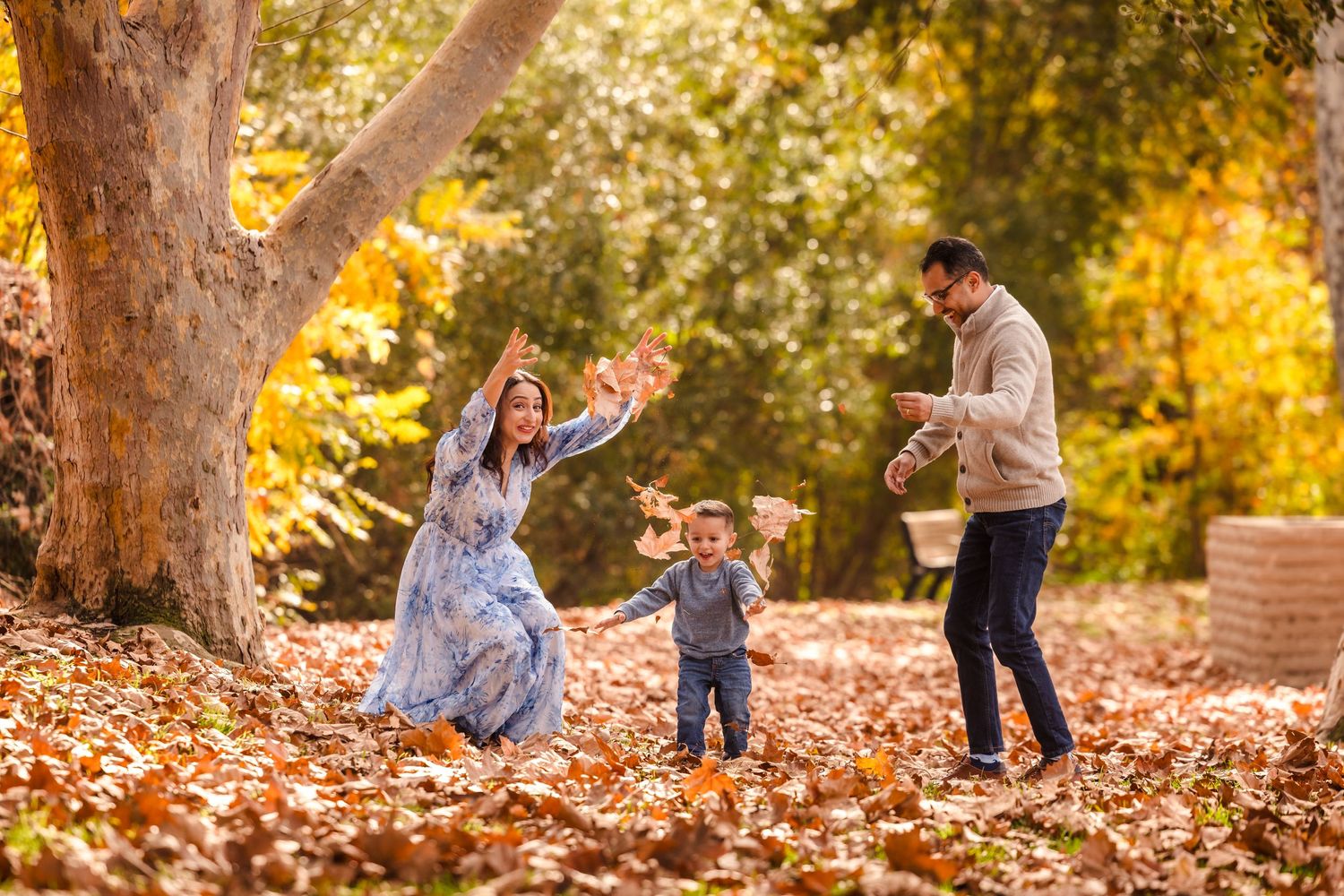 Family plays together in fallen autumn leaves during golden hour photoshoot.
