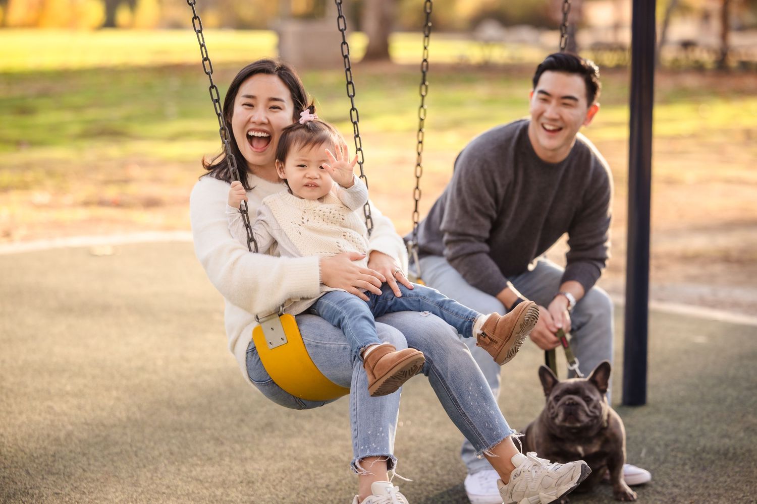 A family plays together on a swing set with their dog at a playground during autumn.