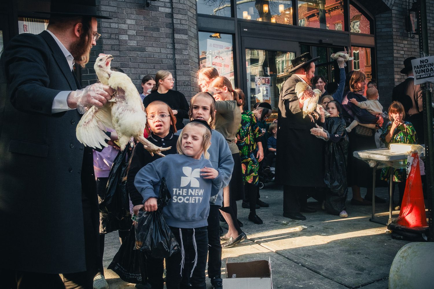 Group gathering outside with white chickens being shown to children. Kapparot. Brooklyn.