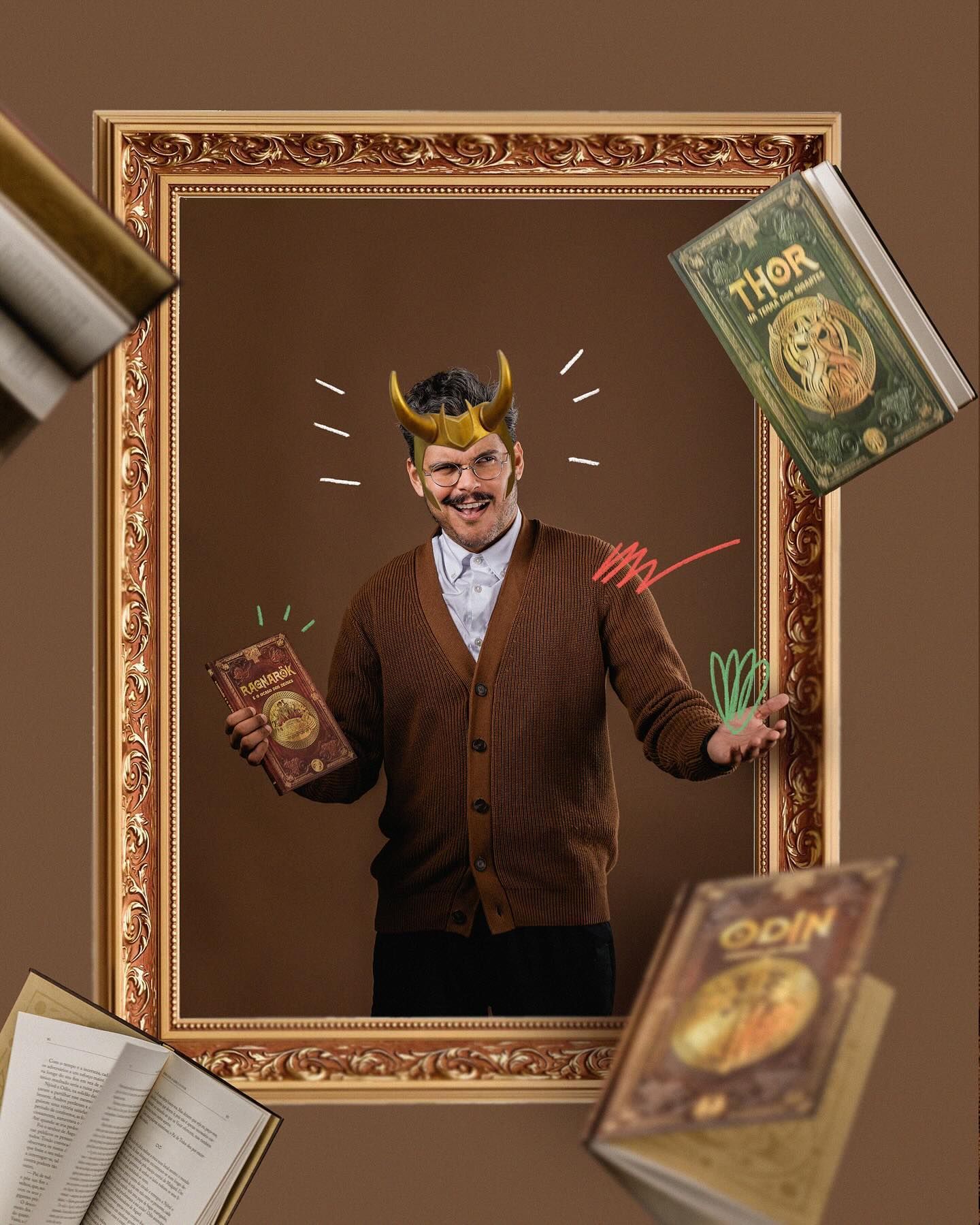 A person in brown cardigan poses with D&D style fantasy books and crown decorations in an ornate gold frame.