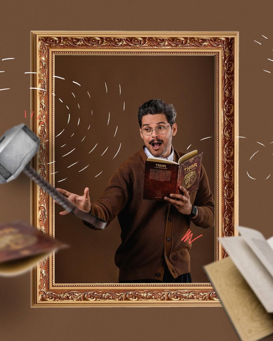 Creative portrait showing a person in a brown sweater with flying books and pans emerging from an ornate gold frame.