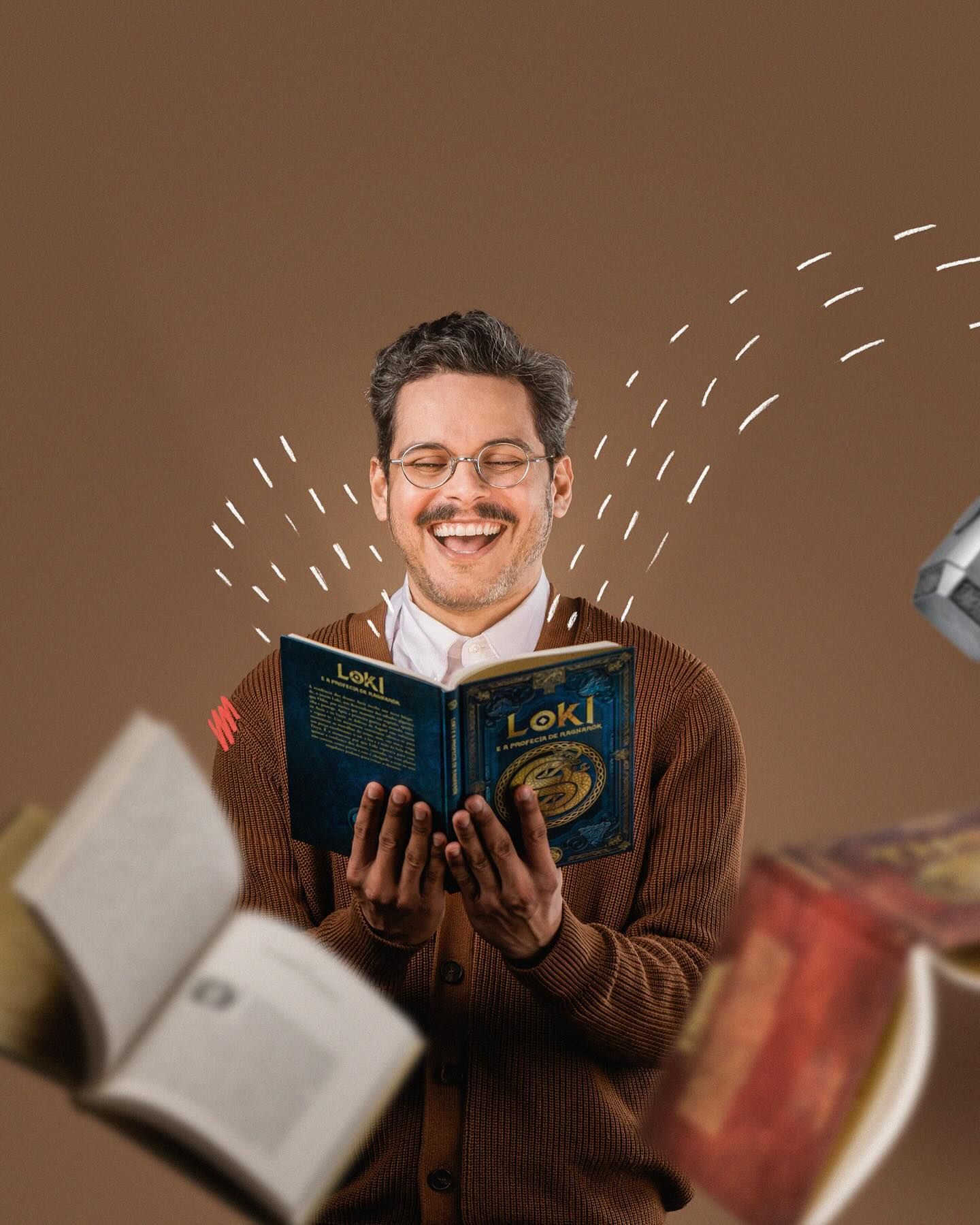 A person in a brown sweater joyfully reads a book while other books float around them against a brown backdrop.