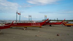Red rescue or lifeguard equipment stationed along an empty beach shoreline.