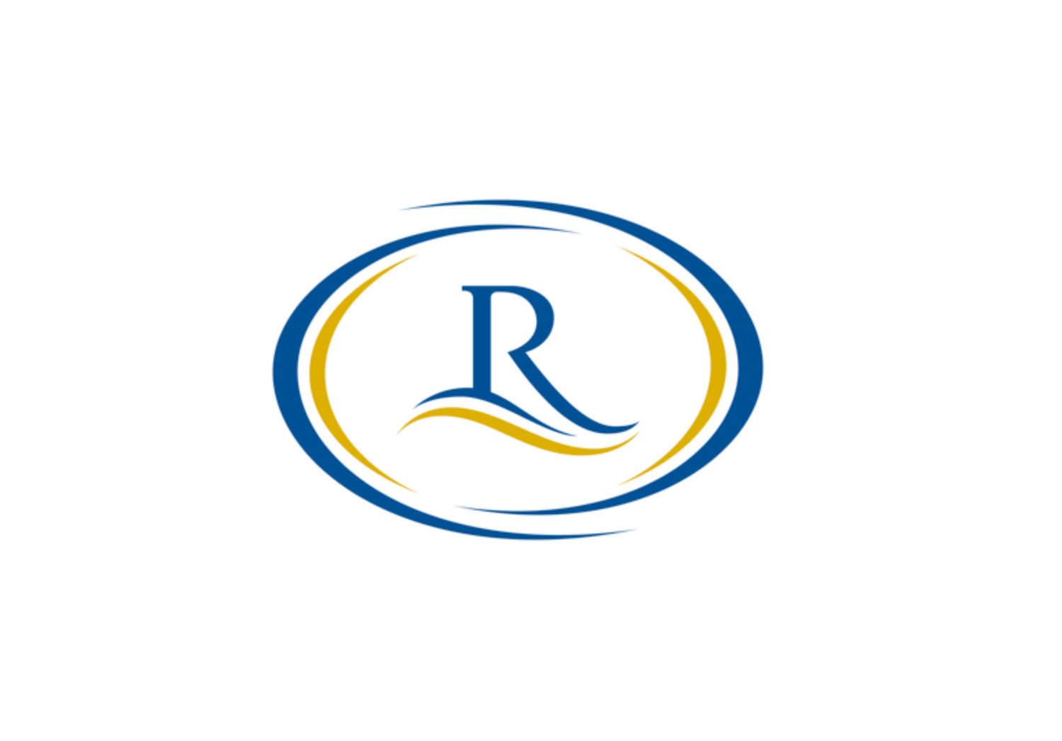 A minimalist blue and gold logo design featuring the letter R in an oval frame with curved lines.