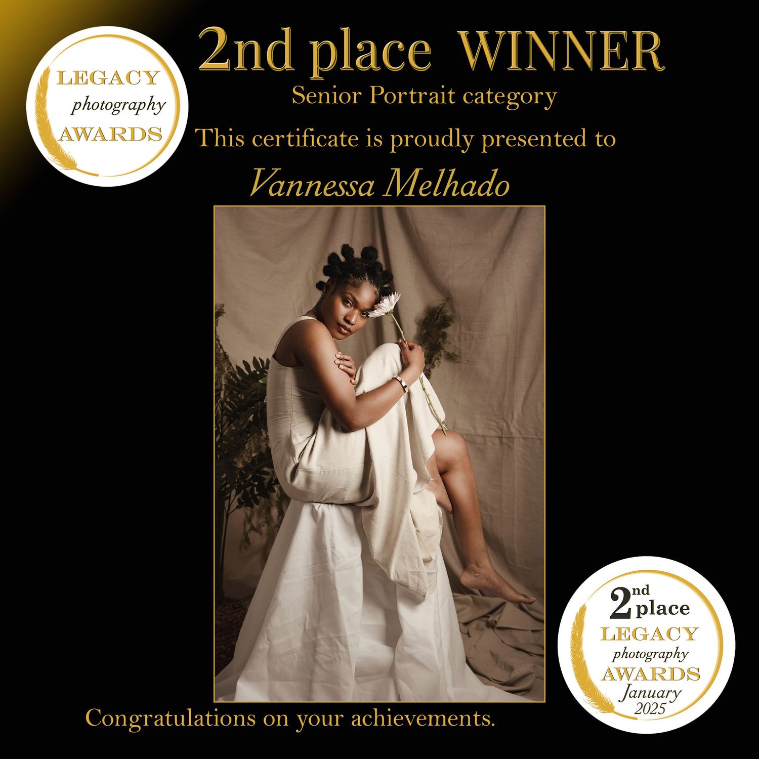 A photography award certificate showing a 2nd place win in the Senior Portrait category with an artistic portrait composition.
