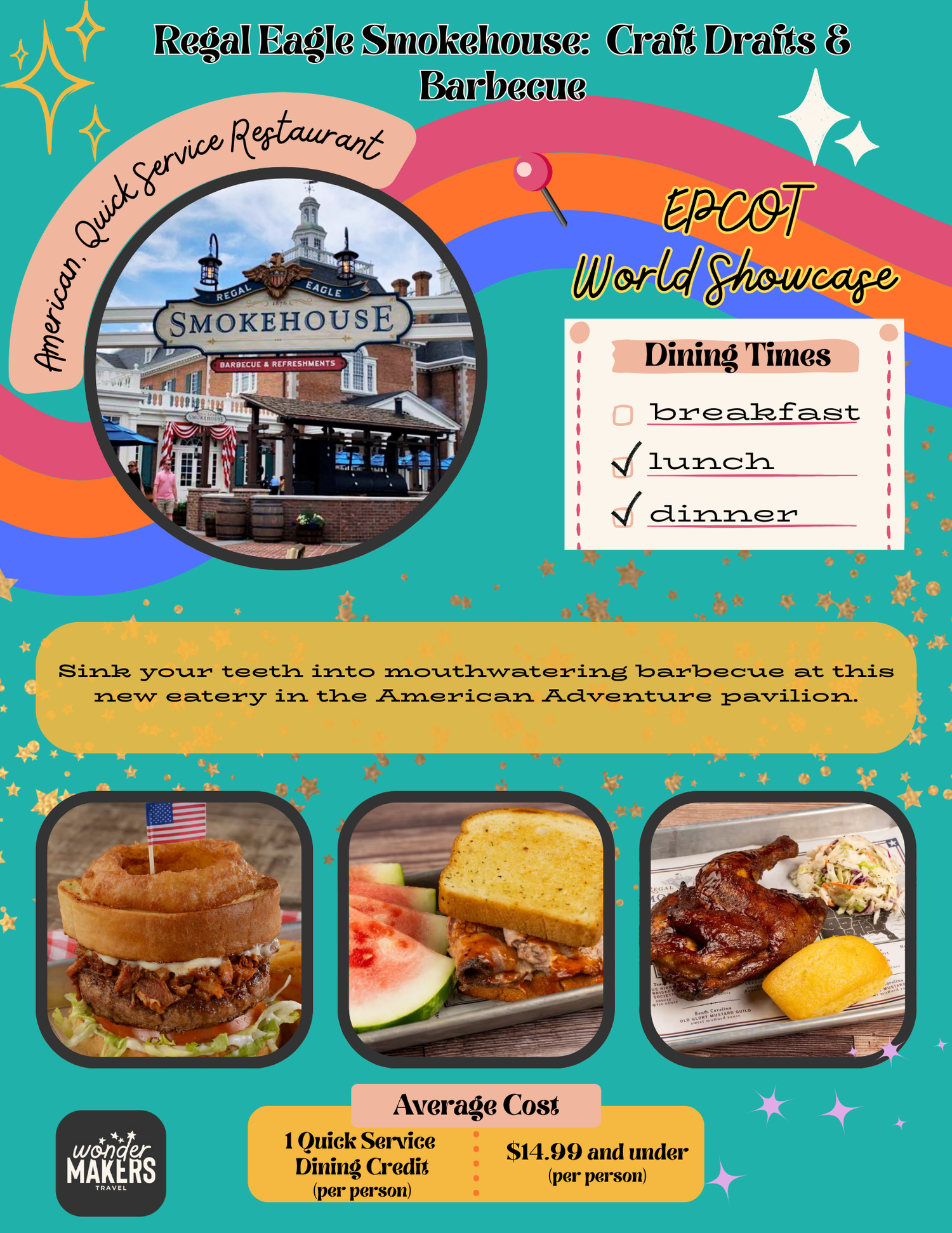 A digital menu design for Regal Eagle Smokehouse restaurant featuring barbecue dishes and dining times at EPCOT World Showcase.