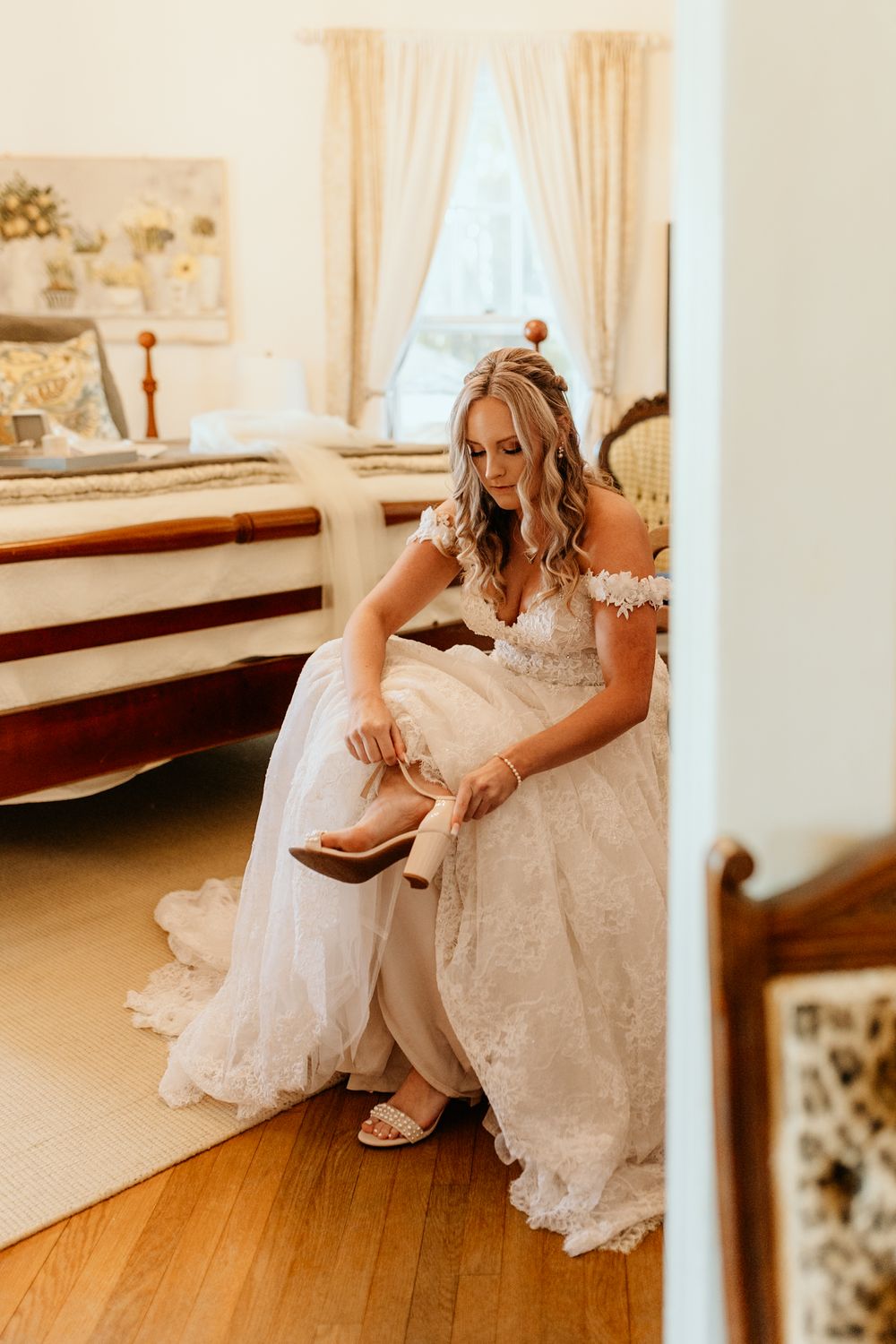 Photograph of bride getting ready at Wild Daisy Farm in Molena, Georgia.