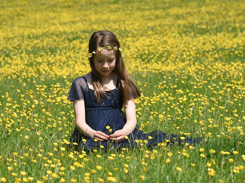 A girl sits surrounded by buttercups in a field in Buckinghamshire