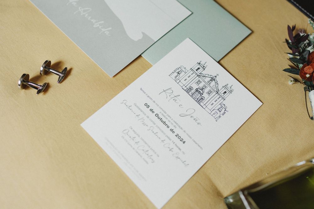 wedding invitations and groom details for a wedding in quinta de catralvos, azeitão