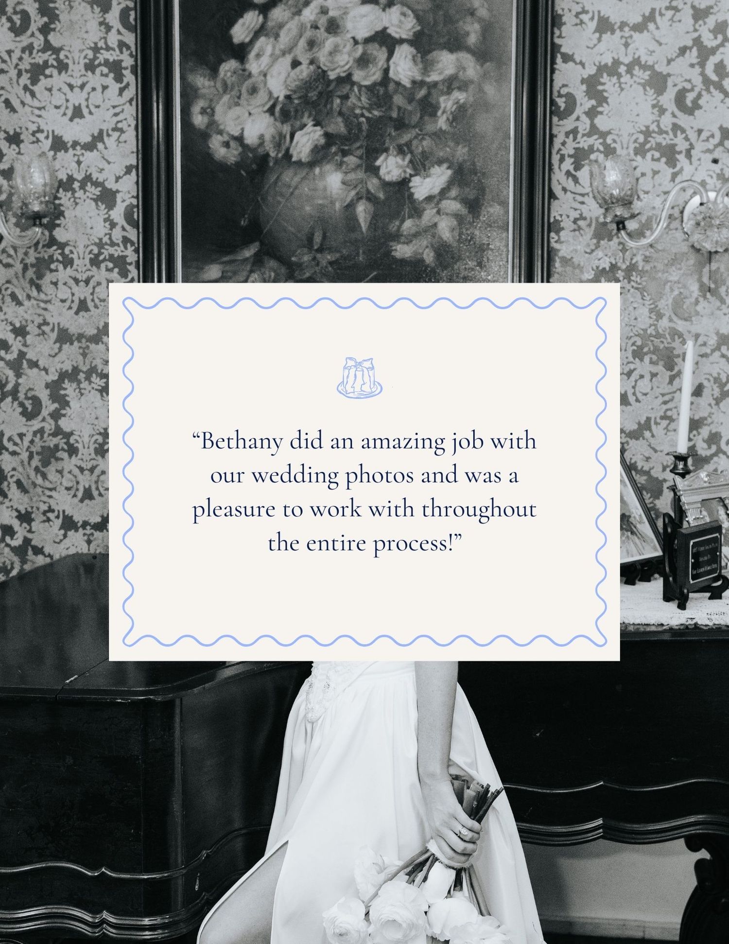 A black and white wedding photo series showing the bottom half of a bride's dress against floral wallpaper.