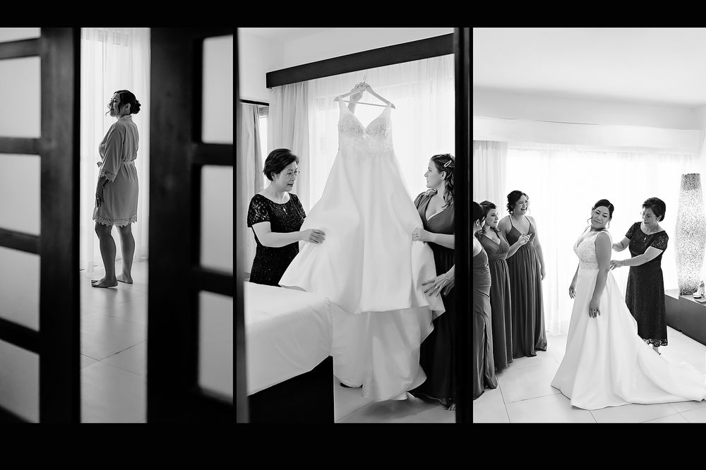 Black and white photo series showing preparation moments before a wedding ceremony in a minimalist setting.