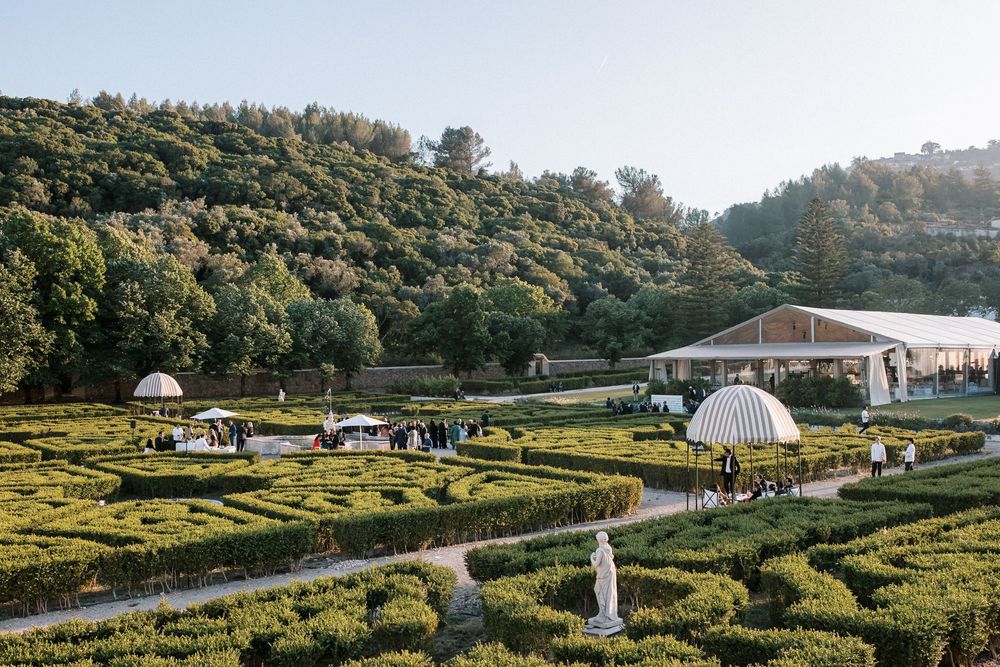 Aerial view of Palácio do Correio-Mor gardens during luxury Indian wedding reception in Portugal, captured by regina wedding photographer