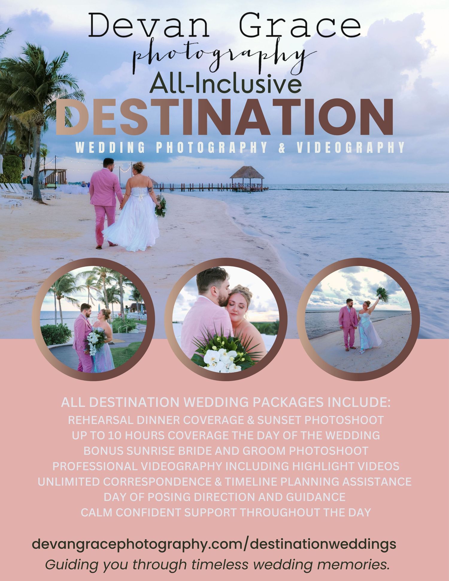 Marketing banner for Devan Grace destination wedding photography services with beach ceremony photos.