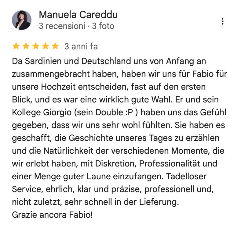 Erfahrung von Manuela Careddu: Fabio hat unsere Geschichte mit Natürlichkeit und Diskretion erzählt. Professioneller und ehrlicher Service